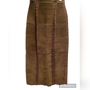 Vintage S.M.H. Green Paneled Leather Skirt with Lace Embroidery Size 6